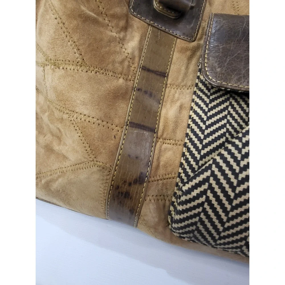 Vaan & Co Upcycled Leather Suede Duffle Bag Brown Chevron Weekender Travel Bag